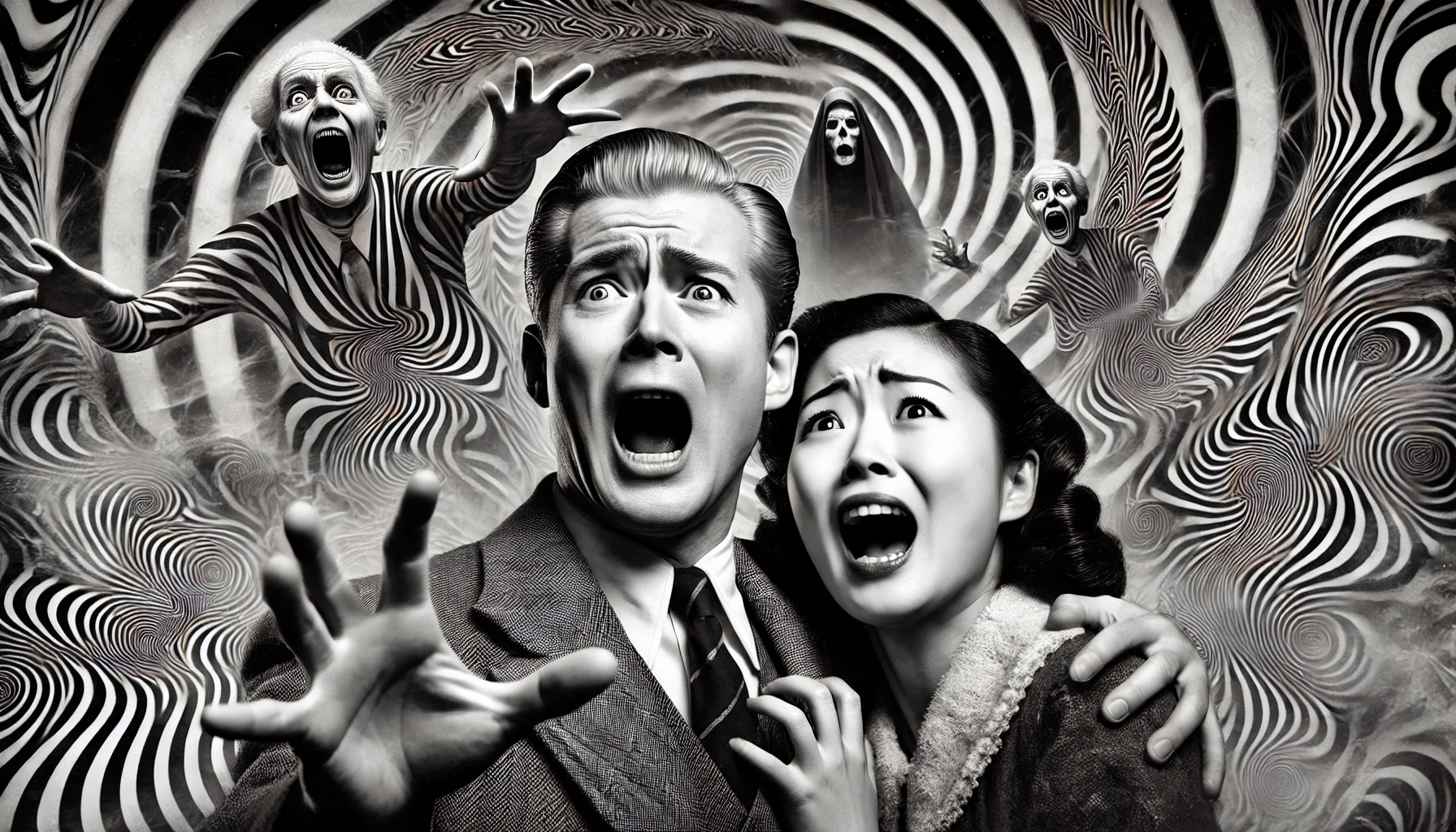 A terrified couple in vintage attire screams in horror as ghostly figures emerge from a swirling black-and-white vortex, creating an eerie and suspenseful atmosphere.