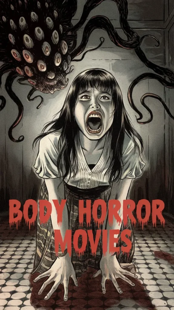 Terrified woman screams as a grotesque, multi-eyed creature looms behind her, capturing the unsettling essence of Body Horror Movies.