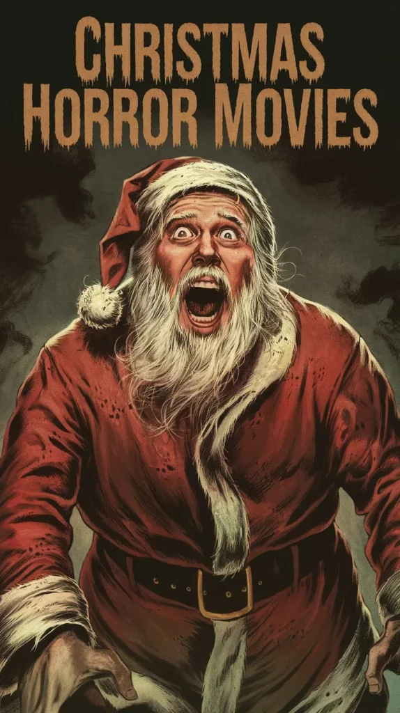 Christmas Horror Movies deliver chilling terror as a menacing Santa Claus screams under a dark, stormy sky, blending holiday cheer with fear.