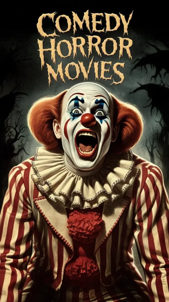 Comedy Horror Movies blend laughs and screams as a sinister clown with a maniacal grin looms in a dark, eerie forest.