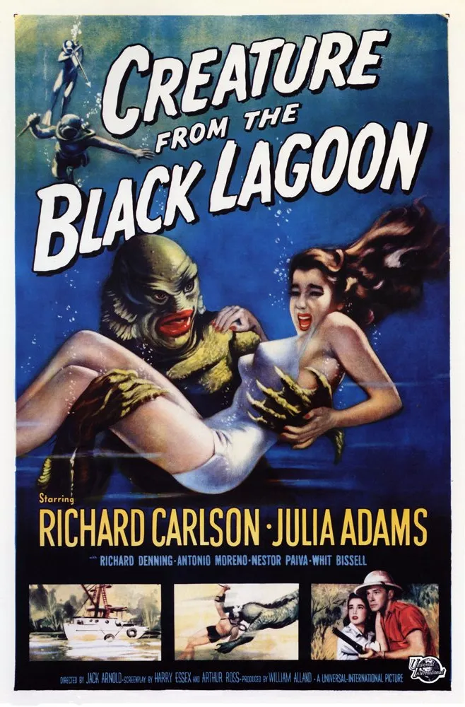 Creature From The Black Lagoon 1954 movie poster featuring the Gill-man capturing a terrified woman underwater, with bold title text.