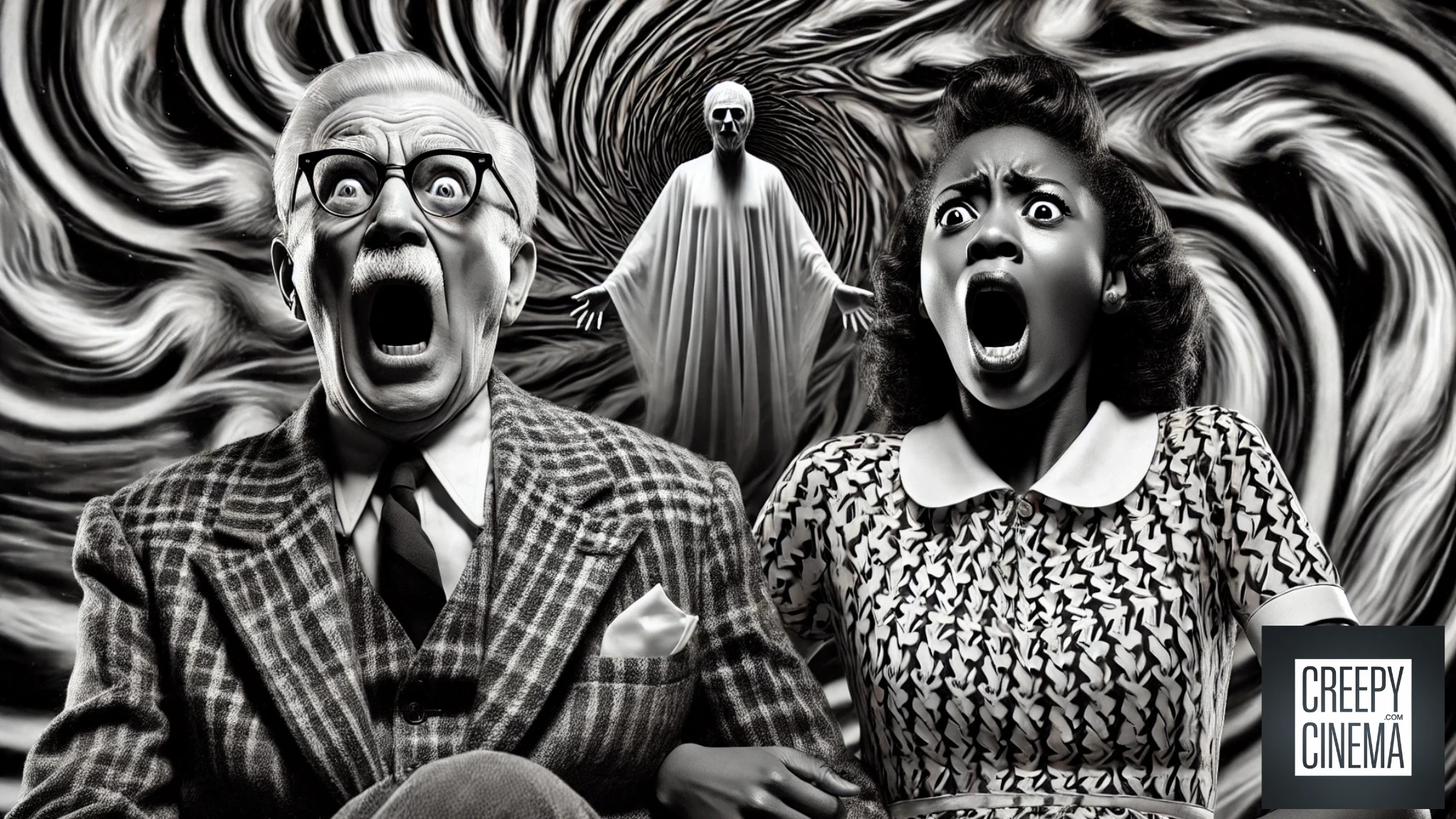 Creepy Cinema featured image showcasing a terrified elderly man and young woman screaming as a ghostly figure in white emerges from a swirling, hypnotic black-and-white vortex in the background.