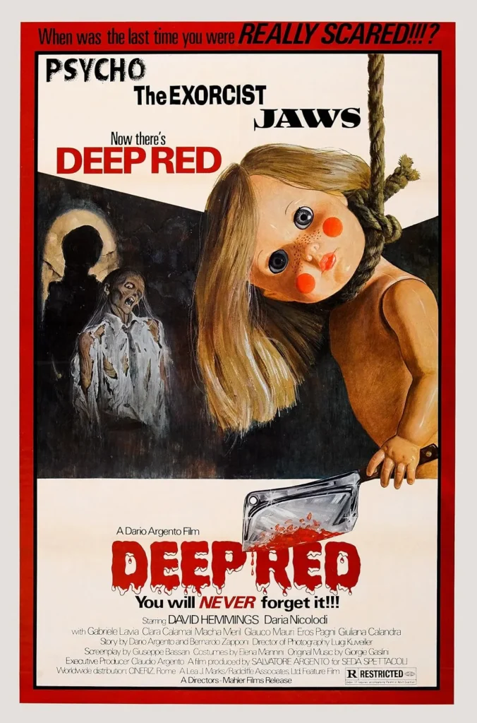 Deep Red (1975) horror movie poster featuring a chilling illustration of a lifelike doll with wide, eerie eyes hanging from a noose. Below, a straight razor drips with blood, reinforcing the film’s violent themes. A ghostly figure looms in the background, adding to the sinister atmosphere. The bold red and black typography highlights the film’s terrifying reputation, comparing it to Psycho, The Exorcist, and Jaws.