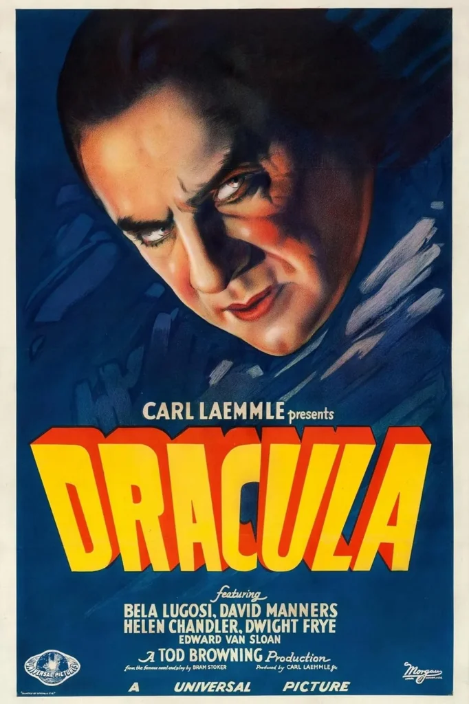 Dracula 1931 movie poster featuring Bela Lugosi's intense stare, with bold yellow title text and a dark, atmospheric background.