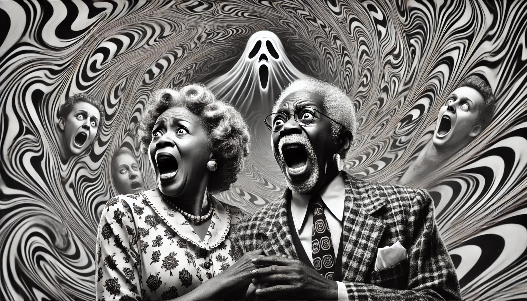 Stylized black and white horror illustration featuring an elderly couple screaming in terror as ghostly faces and a spectral figure emerge from a swirling, hypnotic background.