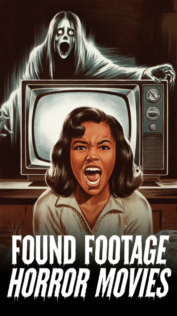 Found Footage Horror Movies capture terror as a woman screams in front of a haunted TV, with a ghostly figure looming behind her.