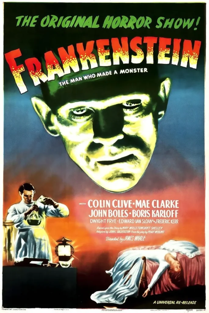 Frankenstein 1931 movie poster featuring Boris Karloff's iconic monster face glowing ominously, with dramatic text and eerie lab imagery.