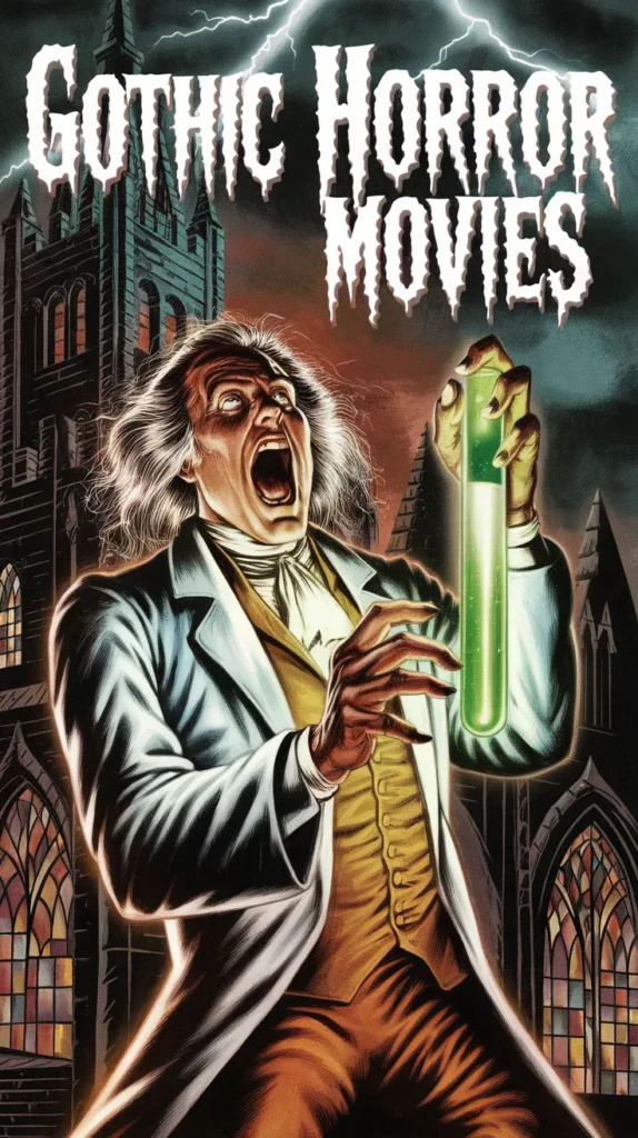 Gothic Horror Movies come alive as a wild-eyed scientist screams in terror, holding a glowing green vial against the backdrop of a menacing castle.