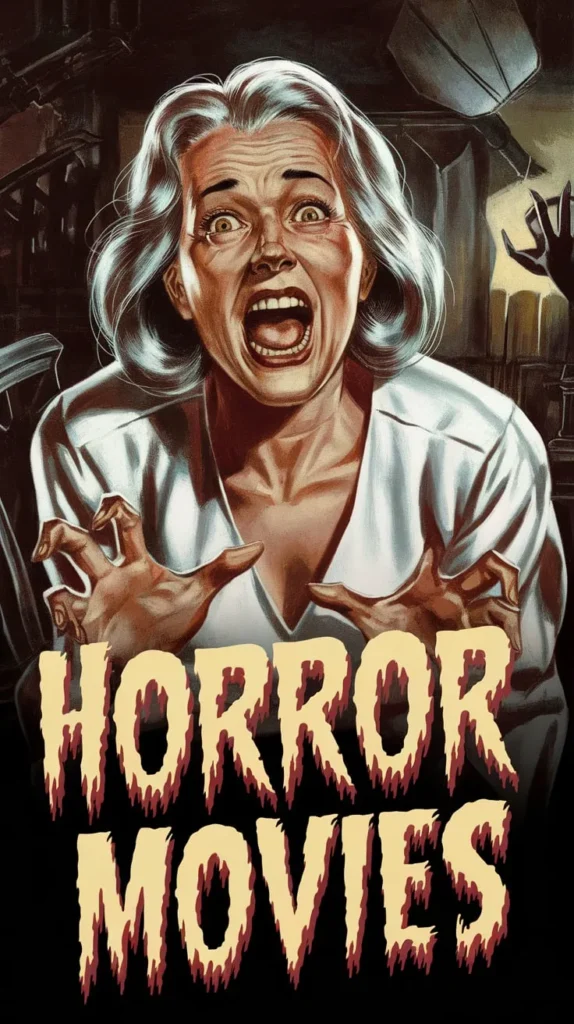 Terrified woman with silver hair screams in panic, embodying the fear and suspense of classic Horror Movies.