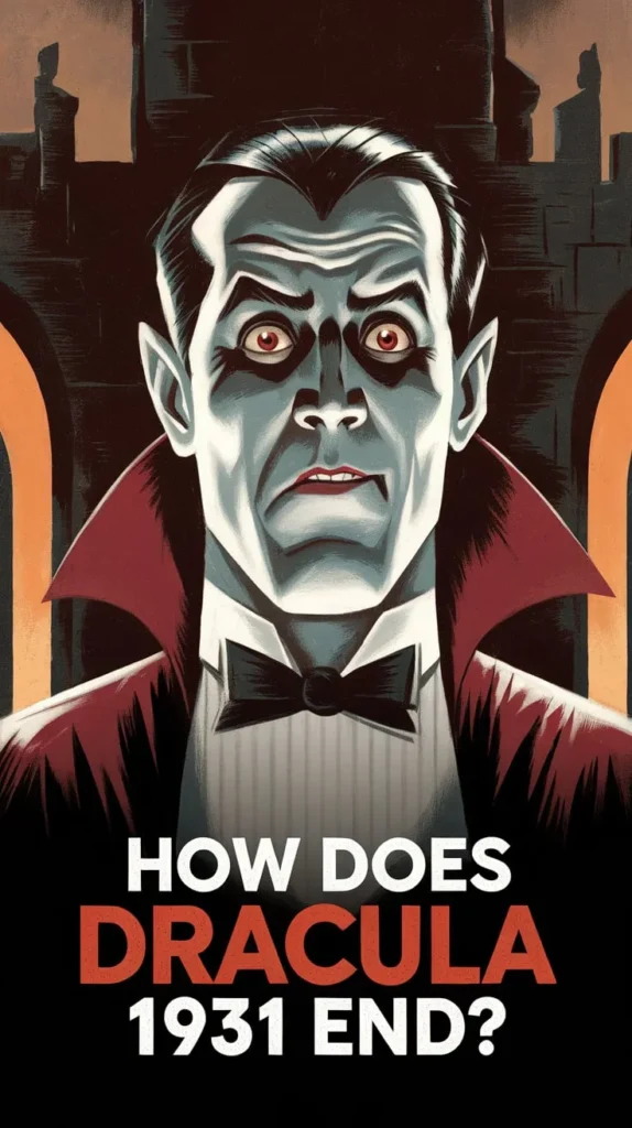 Stylized vintage horror illustration of Dracula with glowing red eyes and a sinister expression. The text reads, 'How does Dracula 1931 end?