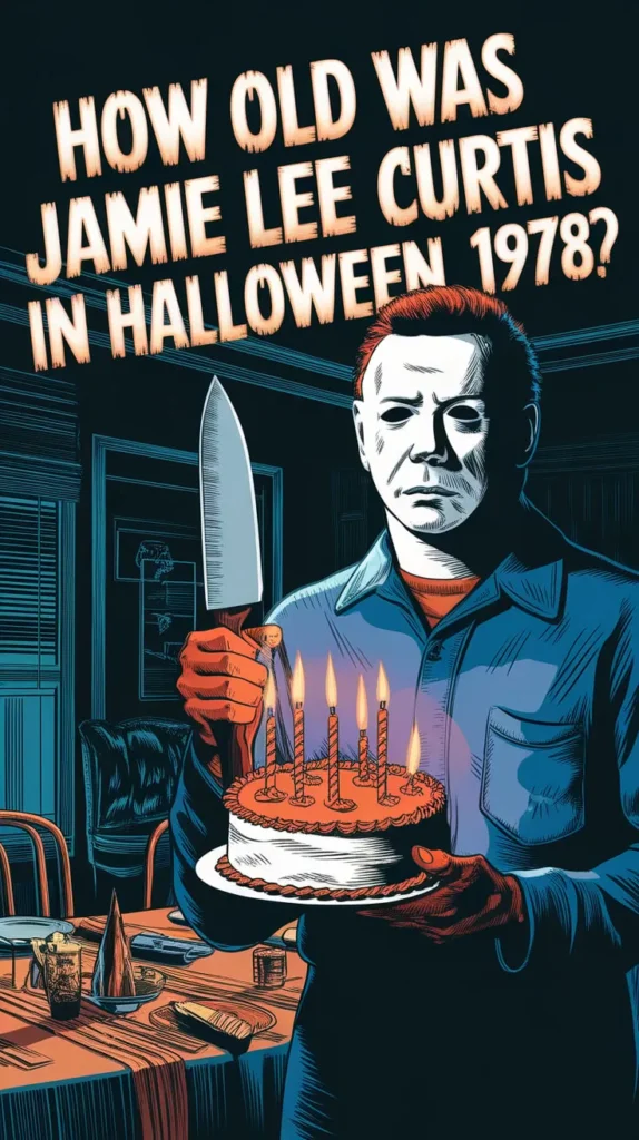 Stylized horror-themed illustration of Michael Myers from Halloween (1978) standing in a dimly lit dining room, holding a birthday cake with five lit candles in one hand and a large kitchen knife in the other. The text above reads: 'How old was Jamie Lee Curtis in Halloween 1978?' in bold, vintage horror-style typography.