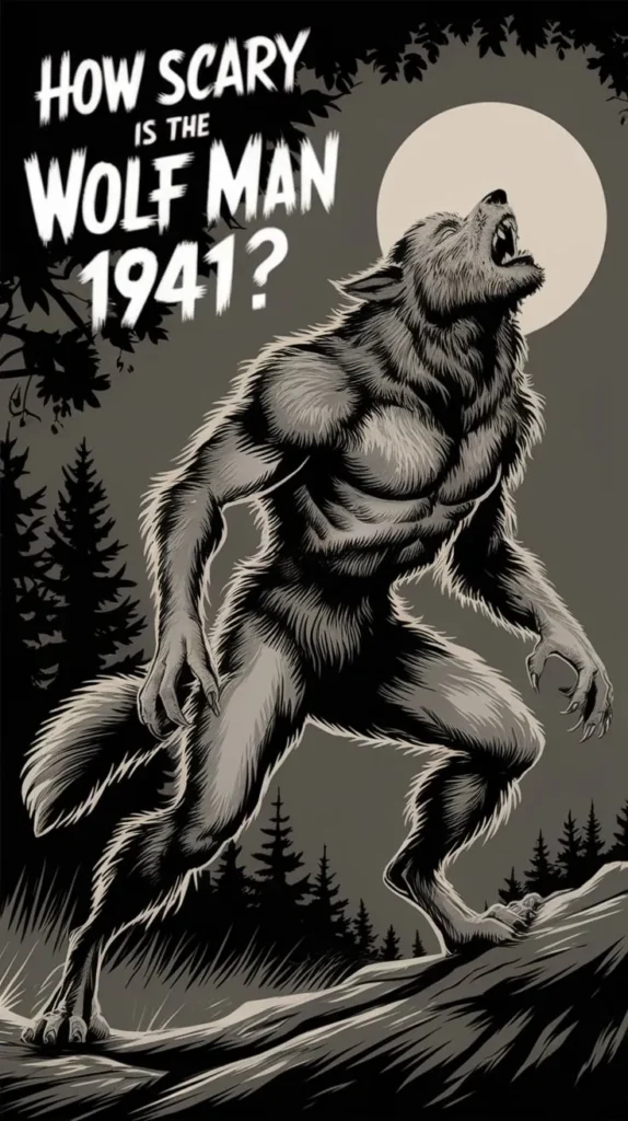 How scary is The Wolf Man (1941)? Illustration of a fierce werewolf howling at the full moon in a dark forest setting.