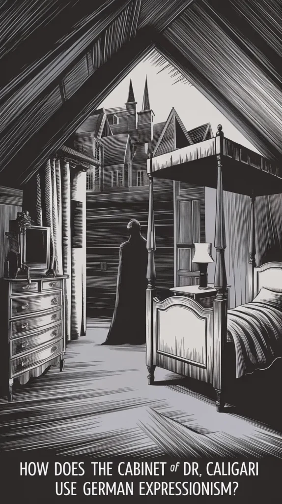 Stylized black and white illustration of a gothic bedroom with sharp, angular architecture and a shadowy figure standing near an open door. The text reads, 'How does The Cabinet of Dr. Caligari use German Expressionism?