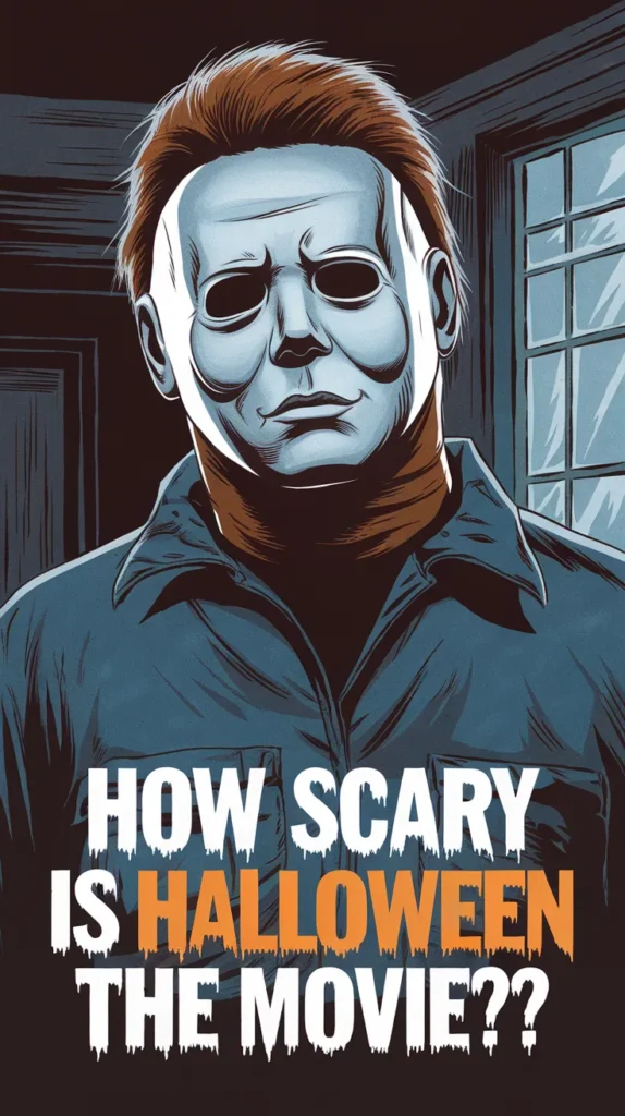 How scary is Halloween the movie? Illustration of Michael Myers in his signature mask and dark jumpsuit, standing ominously in a dimly lit house.