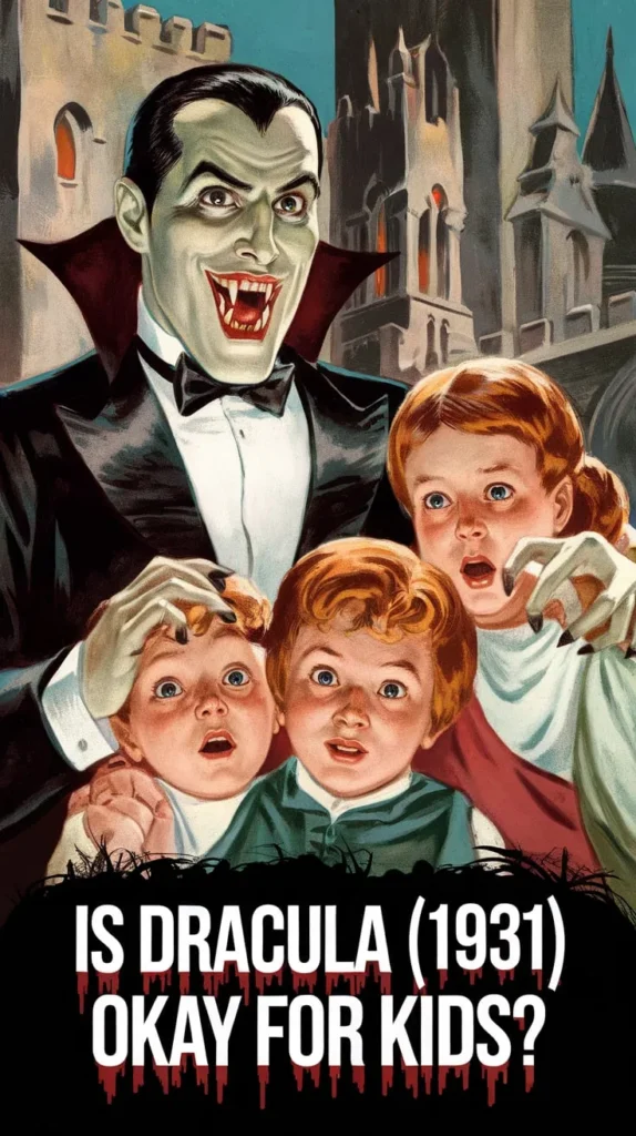 Is Dracula (1931) okay for kids? Illustration of Dracula looming over three frightened children with a gothic castle in the background.