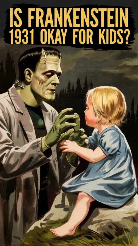 Is Frankenstein (1931) okay for kids? Illustration of Frankenstein's monster gently interacting with a young girl in a forest setting.