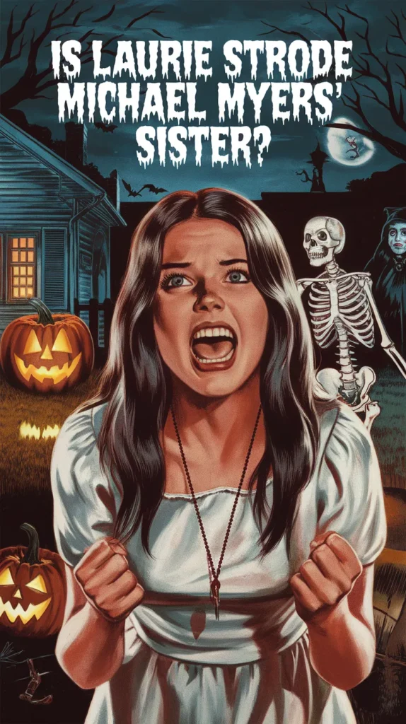 Illustration of a terrified woman in a white dress screaming, with glowing jack-o'-lanterns, a skeleton, and a haunted house in the background. The text asks, "Is Laurie Strode Michael Myers' Sister?