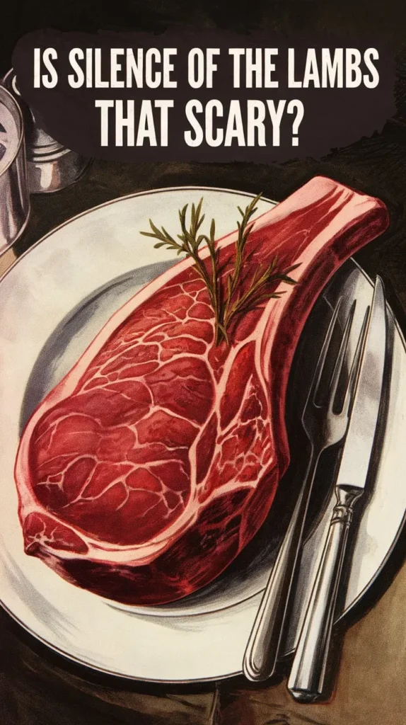 Is Silence of the Lambs that scary? Illustration of a raw steak garnished with rosemary on a white plate, accompanied by a knife and fork, evoking the film's eerie themes.