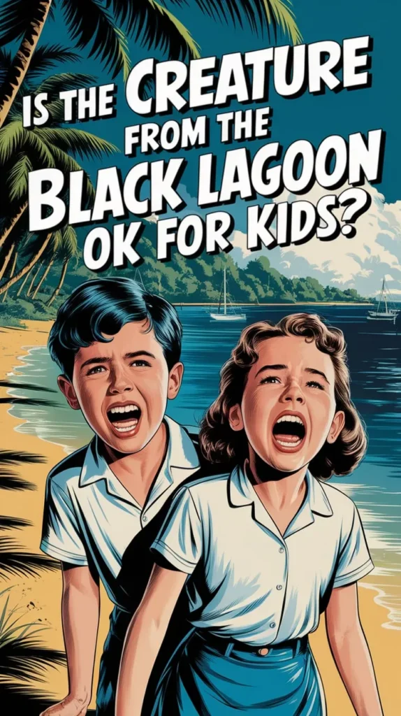 Is The Creature From The Black Lagoon OK for kids? Retro-style illustration of two frightened children on a tropical beach.