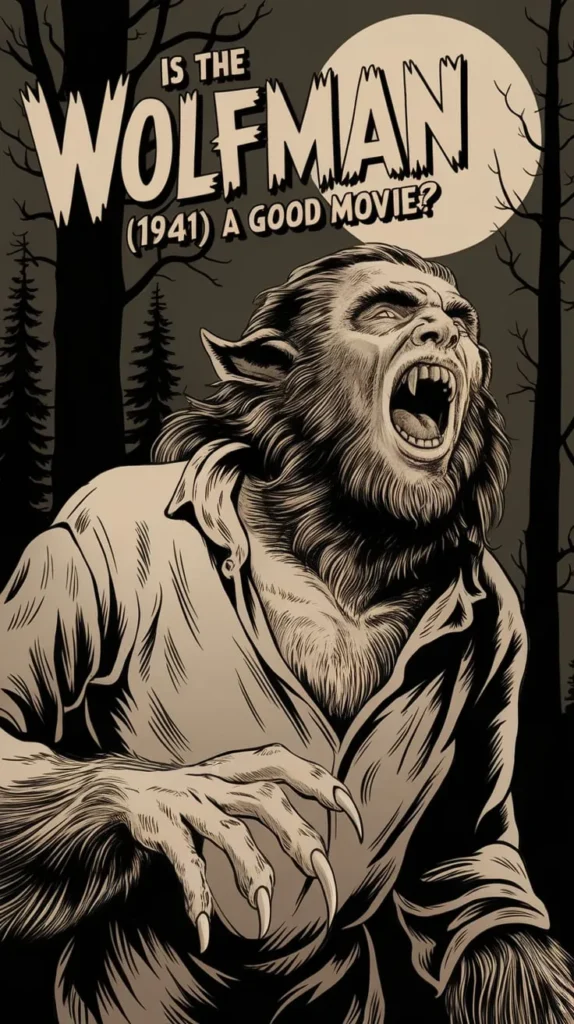 The Wolfman 1941 illustration featuring a classic werewolf howling under a full moon with bold text asking if the film is a good movie.