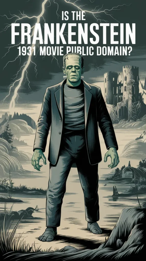 Illustration of Frankenstein's monster standing in a gothic landscape with lightning striking above and a crumbling castle in the background. The text reads, 'Is the Frankenstein 1931 movie public domain?