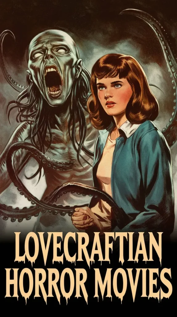 Lovecraftian Horror Movies summon cosmic dread as a tentacled abomination looms behind a terrified woman, blending terror and the unknown.