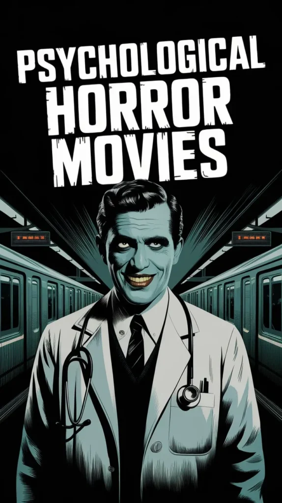 Psychological Horror Movies delve into the mind's darkest corners as a sinister doctor grins menacingly in an eerie, deserted subway station.