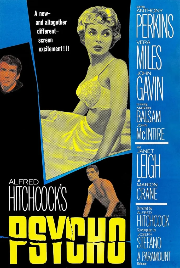 Psycho 1960 movie poster featuring a bold yellow and black design with Janet Leigh as Marion Crane in a tense pose, highlighting Alfred Hitchcock's iconic thriller.