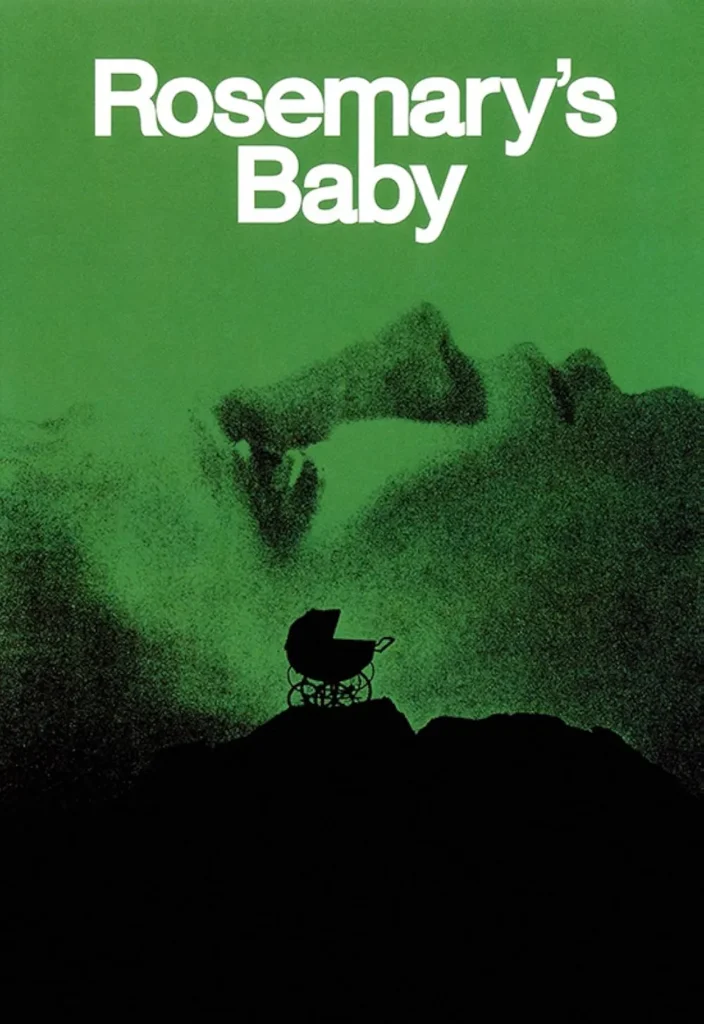 Official movie poster for 'Rosemary's Baby,' featuring a green-toned silhouette of a baby carriage perched on a hill, with a grainy image of a woman's face in the background. The film's title is displayed in bold white lettering at the top.