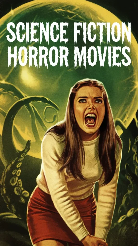 Science Fiction Horror Movies blend cosmic terror and suspense as a screaming woman faces monstrous tentacles emerging from an alien pod.