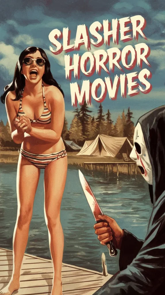 Slasher Horror Movies bring terror to summer camp as a masked killer with a bloodied knife stalks a screaming woman on a lakeside dock.