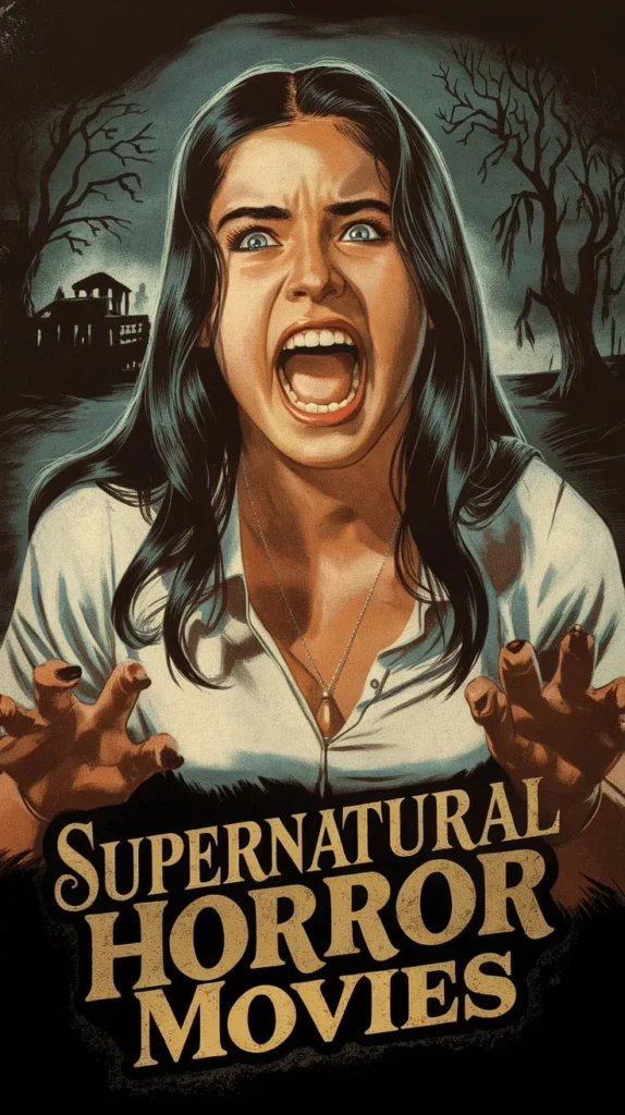 Supernatural Horror Movies unleash terror as a screaming woman is surrounded by haunted woods and a shadowy, ominous house in the distance.
