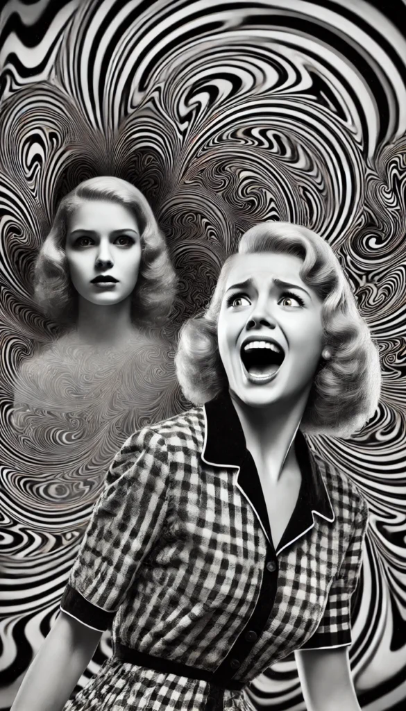 A terrified woman in a vintage checkered dress screams in horror as a ghostly apparition of herself emerges from a swirling, hypnotic black-and-white vortex in the background.