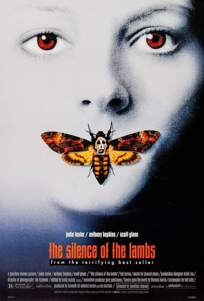 The Silence Of The Lambs movie poster featuring a close-up of a woman's pale face with red eyes, her mouth covered by a death's-head hawkmoth, symbolizing the film's psychological horror themes.