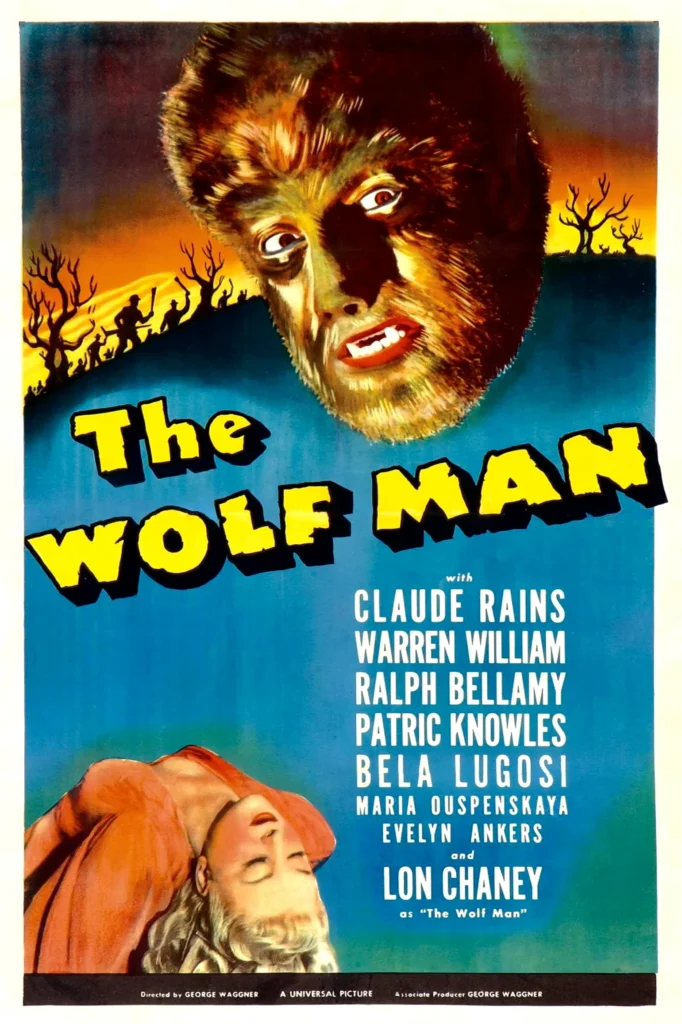 The Wolf Man 1941 movie poster featuring Lon Chaney Jr.'s iconic werewolf face looming over a frightened woman, with bold yellow title text.