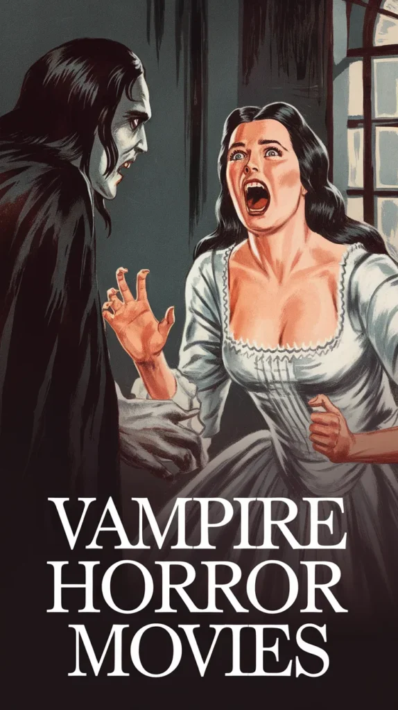 Vampire Horror Movies bring chills as a terrified woman screams while confronting a sinister vampire in a shadowy, gothic setting.