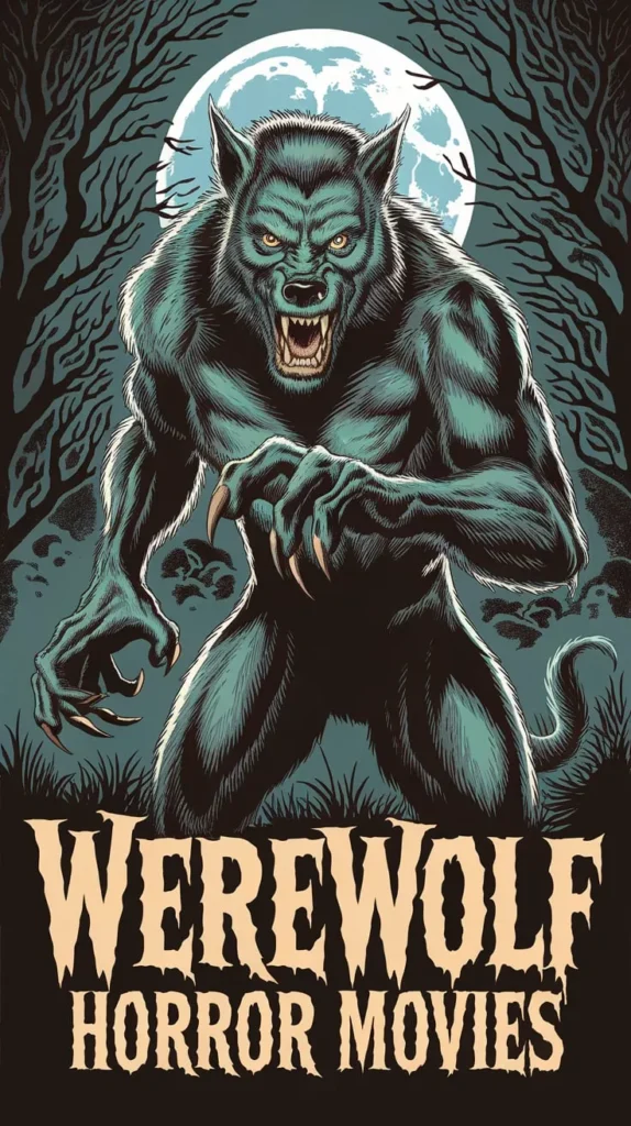 Werewolf Horror Movies unleash primal terror as a snarling werewolf prowls under a full moon, surrounded by dark, twisted trees.