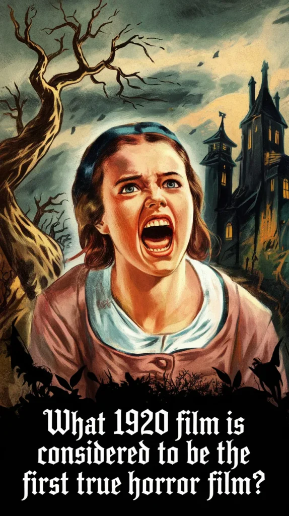 What 1920 film is considered to be the first true horror film? Illustration of a terrified woman screaming with a haunted house in the background.