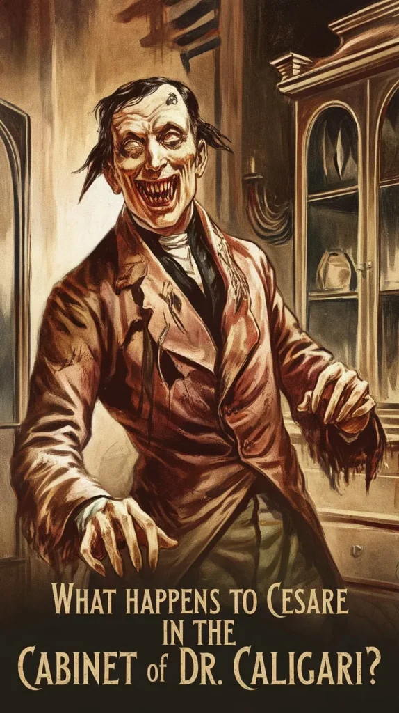 Illustration of Cesare from The Cabinet of Dr. Caligari, depicted as a disheveled figure with hollow eyes and a sinister grin, reaching out menacingly in a dimly lit room with an eerie atmosphere. The text at the bottom reads, 'What happens to Cesare in The Cabinet of Dr. Caligari?