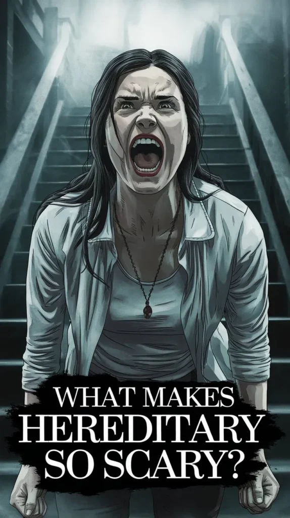 Illustrated horror artwork of a terrified woman in a white shirt screaming in front of a dark staircase shrouded in mist. Her expression is one of pure anguish, with clenched fists and a haunted look in her eyes. The text overlay reads, 'What Makes Hereditary So Scary?