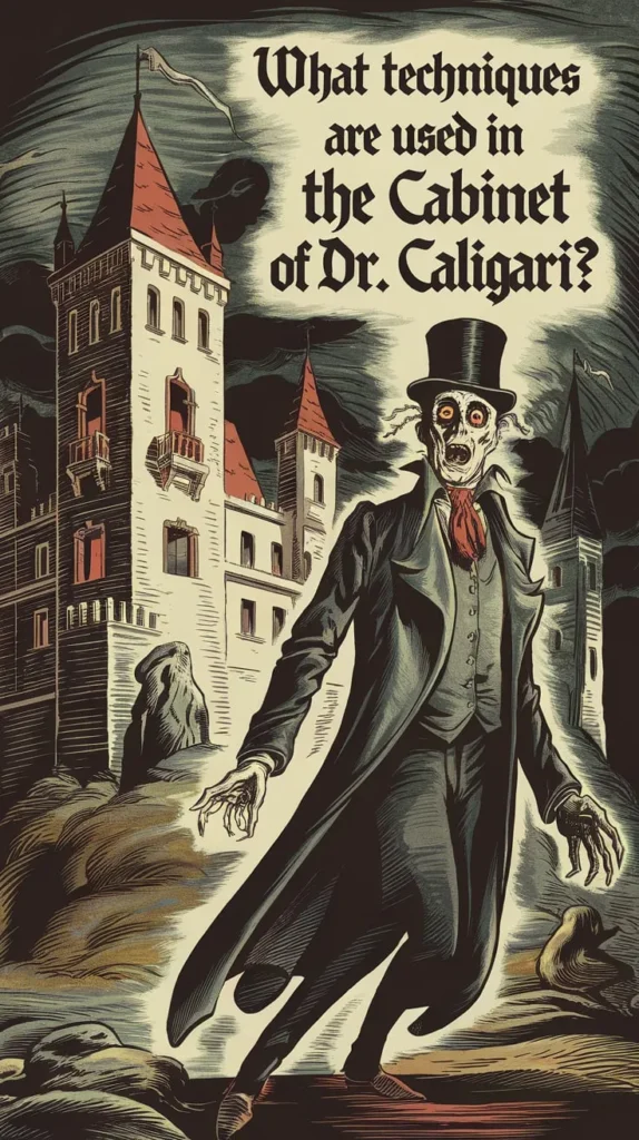 Illustrated artwork of a skeletal, wide-eyed figure in a top hat and Victorian-era clothing, emerging ominously from a twisted, gothic landscape with looming towers. The text reads, 'What techniques are used in The Cabinet of Dr. Caligari?