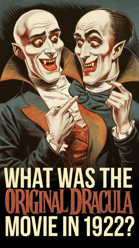 Vintage-style illustration of two pale, fanged vampires dressed in classic Dracula attire, grinning and pointing at each other mischievously. Below them, bold text reads, 'What was the original Dracula movie in 1922?' with 'Original Dracula' highlighted in red. The eerie, old-school aesthetic evokes classic horror nostalgia.