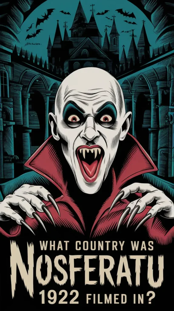 Illustrated image of Nosferatu with pale skin, sharp fangs, and claw-like hands against a gothic castle backdrop, with bats flying in the night sky. The text reads, 'What country was Nosferatu 1922 filmed in?