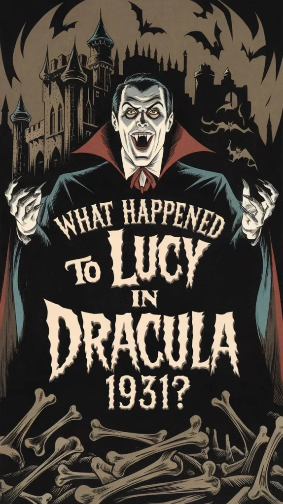 Illustration of Count Dracula from the 1931 film, standing menacingly in front of a gothic castle with bats flying in the background. He wears a black cape with a red collar, revealing his sharp fangs. The foreground features a pile of bones, and the text reads, 'What happened to Lucy in Dracula 1931?