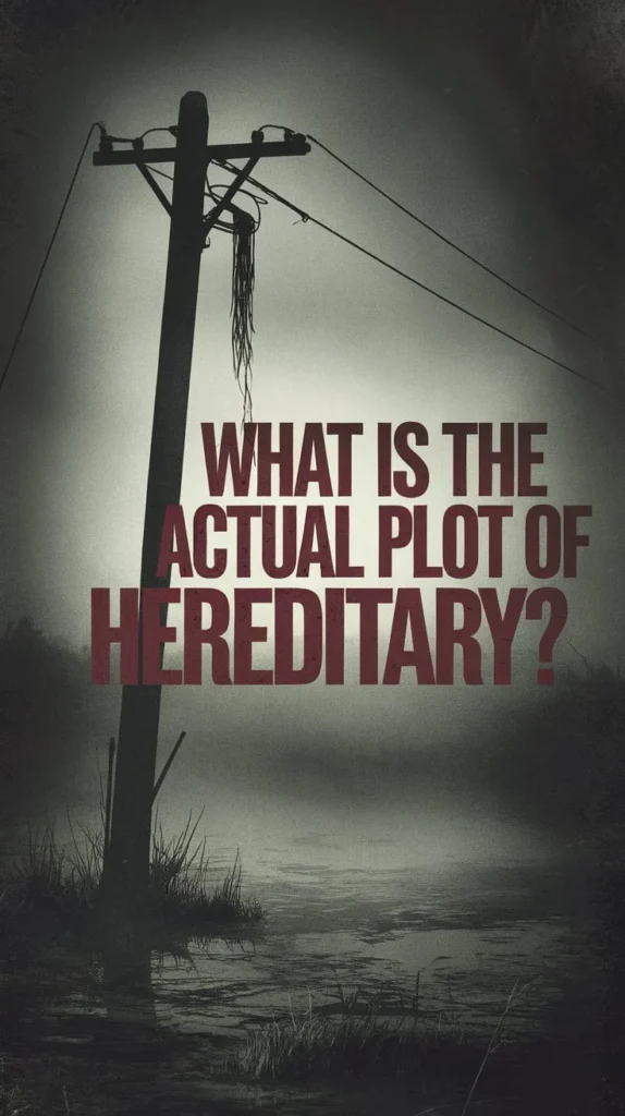 What is the actual plot of Hereditary? Dark and eerie illustration featuring a desolate power pole with frayed wires against a foggy, ominous backdrop.