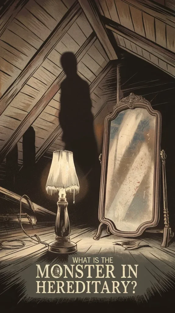 Eerie attic scene with a shadowy figure looming on the wall, an old mirror reflecting darkness, and a vintage lamp casting a dim glow, with the text 'What is the monster in Hereditary?' at the bottom.