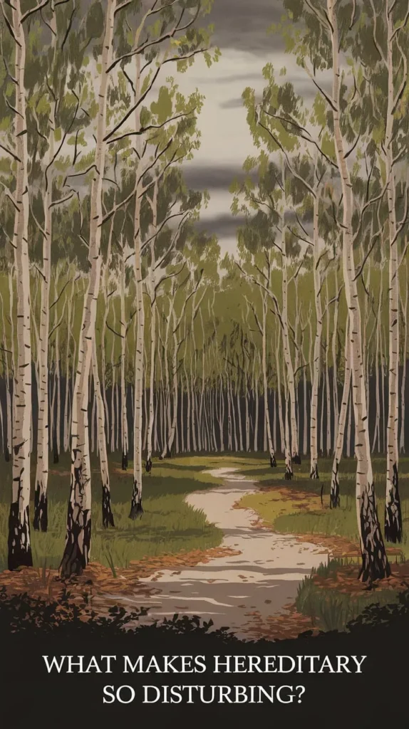 Illustrated image of a dense forest with tall, eerie birch trees lining a winding dirt path under a gloomy, overcast sky. The text at the bottom reads, 'What makes Hereditary so disturbing?