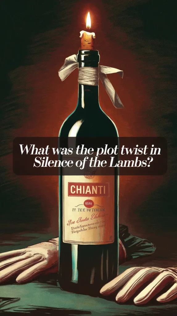 Illustrated image of a Chianti wine bottle with a burning candle on top, tied with a ribbon, and flanked by eerie hands resting on a dark surface. The text overlay reads, 'What was the plot twist in Silence of the Lambs?