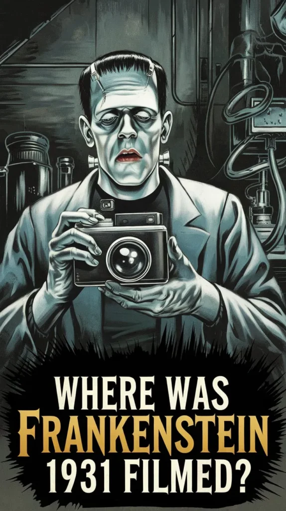 Vintage horror illustration of Frankenstein’s monster holding a camera in a dark laboratory. The text reads, 'Where was Frankenstein 1931 filmed?