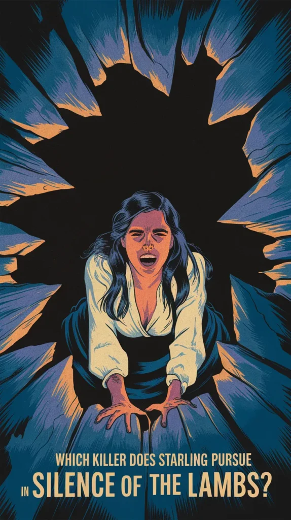 Illustration of a frightened woman in a white blouse and black skirt crawling out of a dark pit, with jagged wooden edges framing her. The text at the bottom reads, 'Which killer does Starling pursue in Silence of the Lambs?